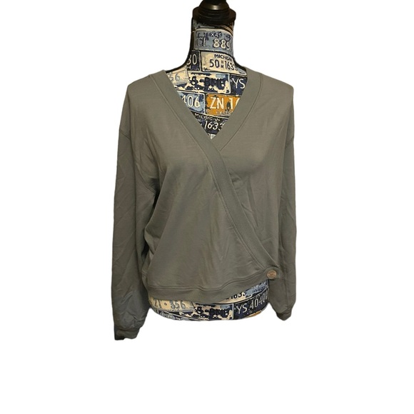 French Terry Wrap Top In Green Sage Long Sleeve - Picture 2 of 8